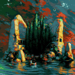  2girls ariane_yeong boat clouds elster_(signalis) hby_stuff island isle_of_the_dead_(painting) multiple_girls outdoors pixel_art rock scenery signalis tree very_wide_shot water watercraft 
