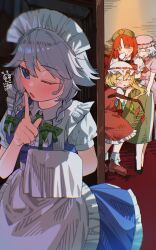 4girls apron artist_name ascot black_shoes blonde_hair blue_dress blue_eyes blue_hair blush braid chinese_clothes closed_eyes commentary crossed_arms crystal_wings dress finger_to_mouth flandre_scarlet frills green_skirt green_vest grey_hair hair_between_eyes hat hat_ornament highres hong_meiling indoors izayoi_sakuya leaning_on_person long_hair looking_at_viewer maid maid_apron maid_headdress medium_hair militantan203 multiple_girls nose_bubble one_eye_closed pink_shirt pink_skirt red_ascot red_dress red_hair red_shoes remilia_scarlet shirt shoes short_sleeves side_braids side_ponytail signature sitting skirt sleeping sleeping_on_person socks star_(symbol) star_hat_ornament touhou twin_braids untranslatable_commentary vampire vest white_shirt white_socks wings 