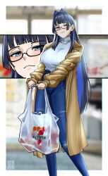  1girl 7-eleven absurdres artist_logo bag black-framed_eyewear black_hair blue_eyes blue_hair blue_pants blurry blurry_background border breasts brown_coat closed_mouth coat colored_inner_hair commentary denim feet_out_of_frame glasses hair_intakes high-waist_pants highres holding holding_bag hololive hololive_english jeans large_breasts logo long_hair long_sleeves looking_at_viewer muhammaddeny multicolored_hair official_alternate_costume official_alternate_hairstyle open_clothes open_coat ouro_kronii ouro_kronii_(casual) outside_border pants plastic_bag puffy_long_sleeves puffy_nipples puffy_sleeves ribbed_sweater semi-rimless_eyewear shopping_bag standing sweater turtleneck turtleneck_sweater two-tone_hair under-rim_eyewear untranslatable_commentary very_long_hair vgen_username virtual_youtuber white_border white_sweater 