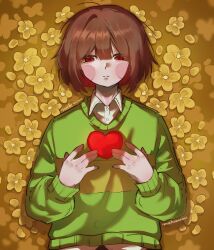  1other absurdres blush_stickers bob_cut brown_hair chara_(undertale) closed_mouth collared_shirt commentary downturned_eyes english_commentary flower green_sweater hair_between_eyes heart highres long_sleeves michi_mimi other_focus red_eyes red_soul_(utdr) shirt short_hair signature solo soul_(utdr) sweater undertale utdr_(toby_fox) white_shirt yellow_flower 