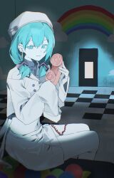  1girl absurdres antique_phone aqua_eyes aqua_hair black_shirt checkered_floor commentary cropped_jacket dark doorway double-parted_bangs earrings hair_between_eyes hasugu hat hatsune_miku highres holding holding_phone jacket jewelry low_twintails midriff navel pencil_skirt phone rainbow shade shirt single_sleeve_past_fingers sitting skirt solo twintails untranslatable_commentary vocaloid white_hat white_jacket white_skirt wonder_(vocaloid) 