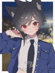  1girl absurdres adjusting_hair animal_ear_fluff animal_ears arm_up black_hair black_necktie blue_jacket blurry blurry_background border cat_ears cat_girl collared_shirt crop_top cropped_shirt facial_hair hair_between_eyes hair_lift hand_in_own_hair head_tilt highres jacket long_sleeves looking_at_viewer midriff necktie noire_neige open_clothes open_jacket original shirt short_hair single_sidelock smile tie_clip white_border white_shirt 