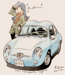  1girl abarth arm_up black_eyes black_hair black_pants blue_car brown_scarf car coat commentary_request dated fiat fiat-abarth_750 fringe_trim fur-trimmed_coat fur_trim green_coat grey_background hand_in_pocket long_hair looking_at_viewer motor_vehicle open_mouth original pants salute scarf sekihan signature simple_background smile solo sports_car standing striped_clothes striped_scarf teeth translated upper_teeth_only vehicle_focus vehicle_name 