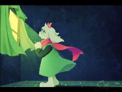  1boy animal_ears commentary curtains deltarune furry furry_male goat_boy goat_ears highres horns indoors letterboxed male_focus own_hands_together pink_horns pink_scarf ralsei s_awamori scarf signature solo untranslatable_commentary utdr_(toby_fox) window 