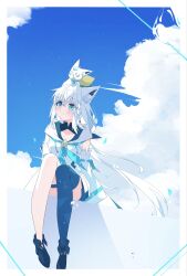  >_< 1girl absurdres animal_ear_fluff animal_ears aqua_eyes black_shorts blue_neckerchief blue_shoes blue_thighhighs blush boots border braid breasts clouds cloudy_sky collarbone commentary_request detached_sleeves dot_nose fox_ears fox_girl fox_tail hair_between_eyes highres hololive kasawara light_smile long_hair medium_breasts neckerchief shirakami_fubuki shirakami_fubuki_(1st_costume) shoes short_shorts shorts sidelocks single_braid single_thighhigh sitting sky solo sukonbu_(shirakami_fubuki) tail thigh-highs thigh_strap virtual_youtuber white_border white_hair white_sleeves 
