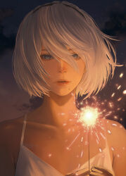  1girl 2b_(nier:automata) clouds cloudy_sky dress fireworks grey_eyes headband highres holding holding_fireworks mitsuki_nite mole nier:automata nier_(series) sky solo white_dress white_hair 