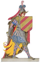  1girl armor blonde_hair bracer breastplate cape fang feathers floral_print greaves gurnerk helmet highres holding holding_sword holding_weapon knight medieval multicolored_hair original patterned_clothing plume red_hair shield skin_fang smug sword two-tone_hair walking weapon white_background 