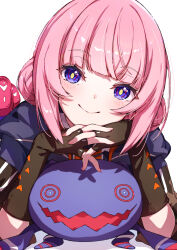  1girl absurdres black_gloves blue_coat blush closed_mouth coat commentary_request cosmos_(cos_mos_f) double_bun fingerless_gloves fingernails gloves hair_bun highres hood hooded_coat interlocked_fingers kaf_(kamitsubaki_studio) kamitsubaki_studio laplace_(kamitsubaki_studio) looking_at_viewer lying medium_hair nail_polish on_stomach own_hands_together pink_hair pink_nails pink_shoes red_pupils ringed_eyes shoes simple_background smile violet_eyes virtual_youtuber white_background yellow_pupils 