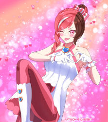  1girl alternate_hair_length_(shorter) bare_shoulders blush boots bow brown_hair clip_studio_paint_(medium) commentary english_commentary eyelashes four-finger_heart_hands gloves hair_bow hair_bun heart heart_hands highres multicolored_hair neopolitan_(rwby) official_alternate_costume official_alternate_hairstyle one_eye_closed pants patreon_username pink_background pink_eyes pink_hair pink_pants rwby schrwby shirt single_hair_bun solo split-color_hair streaked_hair striped_bow tongue tongue_out white_boots white_gloves white_hair white_shirt white_streaks 