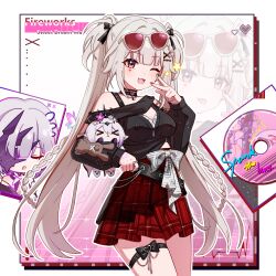  1girl alternate_costume black_choker black_nails black_shirt breasts castorice_(honkai:_star_rail) chinese_commentary choker commentary_request facial_mark heart heart_facial_mark highres honkai:_star_rail honkai_(series) long_hair long_sleeves multicolored_hair one_eye_closed open_mouth red-framed_eyewear red_eyes red_hair red_skirt shirt skirt smile solo sparkle_(honkai:_star_rail) sparxie_(honkai:_star_rail) thigh_strap twintails white_hair yuehuihui 