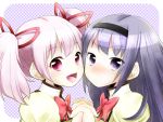  2girls akemi_homura artist_request blush bow hairband hands_clasped kaname_madoka long_hair mahou_shoujo_madoka_magica open_mouth pink_eyes pink_hair purple_hair serafuku smile source_request twintails violet_eyes 