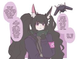  1girl animal_ears arknights armband black_gloves black_hair blush deer_ears deer_girl drone english_text fingerless_gloves gloves hand_up highres jacket kjerag_logo long_hair looking_at_viewer monch_(arknights) open_clothes open_jacket purple_jacket silbeaherze simple_background solo speech_bubble twintails upper_body very_long_hair violet_eyes white_background 