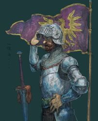  1boy armor aventail beard belt blue_eyes breastplate chainmail commentary_request couter facial_hair faulds flag full_armor gloves green_background helmet heraldry highres ikeno_daigo lance looking_at_viewer makaimura male_focus pauldrons pennant polearm rerebrace shoulder_armor simple_background sir_arthur_(makaimura) thick_beard unworn_gloves vambraces visor_(armor) visor_lift weapon 