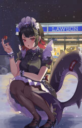  1girl absurdres baoyanmiaomiaoquan black_hair black_pantyhose blush breasts candy chinese_commentary colored_inner_hair commentary_request convenience_store ellen_joe fins fish_tail food full_body hair_ornament high_heels highres holding holding_candy holding_food holding_lollipop large_breasts lollipop looking_at_viewer maid maid_headdress mole mole_under_eye multicolored_hair night outdoors pantyhose red_eyes red_hair red_nails shark_girl shark_tail shop short_hair snow solo squatting tail two-tone_hair zenless_zone_zero 