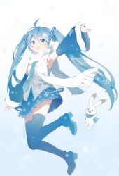  1girl :d ahoge armpits bare_shoulders blue_background blue_boots blue_eyes blue_hair blue_skirt blue_sleeves blush boots commentary_request detached_sleeves double-parted_bangs falling_poem full_body fur-trimmed_sleeves fur_trim gradient_background grey_shirt hair_between_eyes hatsune_miku highres long_hair long_sleeves miniskirt open_mouth outstretched_arm pleated_skirt rabbit_yukine scarf shirt skirt sleeveless sleeveless_shirt smile snowflakes solo standing standing_on_one_leg teeth thigh_boots tie_clip twintails upper_teeth_only very_long_hair vocaloid white_background white_scarf wide_sleeves yuki_miku yuki_miku_(2011) zettai_ryouiki 