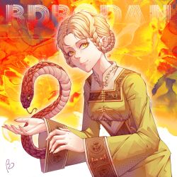  1girl 2025 animal artist_name blonde_hair braid closed_mouth commentary dress elden_ring english_commentary fromsoftware green_dress green_eyes portrait rya_(elden_ring) short_hair signature snake snake_girl tongue tongue_out y1422807535 