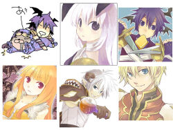  2girls 3boys assassin_(ragnarok_online) bandages bandages_over_clothes black_wings blonde_hair blue_eyes blunt_bangs bread bread_slice breasts brown_cape brown_gloves brown_horns brown_shirt cape closed_mouth coat commentary_request compilation creator_(ragnarok_online) dagger demon_wings dual_wielding expressionless fingerless_gloves flask food food_in_mouth fur-trimmed_shirt fur_trim gloves gold_trim grin high_priest_(ragnarok_online) holding holding_dagger holding_flask holding_knife holding_weapon horns knife long_hair looking_at_viewer midori126 mouth_hold multiple_boys multiple_girls oekaki pointy_ears potion purple_hair purple_shirt ragnarok_online red_coat red_eyes round-bottom_flask seal_(ragnarok_online) shirt sleeveless sleeveless_shirt small_breasts smile sniper_(ragnarok_online) teeth toast toast_in_mouth upper_body violet_eyes weapon white_background white_hair white_shirt wings yellow_shirt 