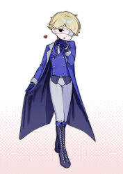  1boy absurdres black_eyes black_shirt blonde_hair blue_coat boots coat collared_shirt commentary_request dress_shirt esse_series eyepatch formal_clothes full_body griffin_stewart heart highres knee_boots lace-up_boots lapels looking_at_viewer medical_eyepatch mouenante necktie oshi_no_taisetsuna_hito_ni_narikawaru shirt solo standing swept_bangs untucked_shirt white_shirt 