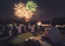  1boy absurdres aerial_fireworks ao_isami black_hair bonbaba_007 bottle bravern chibi commentary_request crowd fireworks from_behind highres indian_style male_focus night outdoors picnic_blanket short_hair sitting watching_fireworks yuuki_bakuhatsu_bang_bravern 