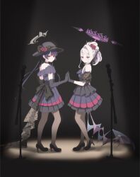  2girls absurdres ahoge black_dress black_hair black_hat black_horns black_pantyhose blue_archive blush demon_girl demon_horns demon_wings dress gloves grey_eyes grey_halo hair_bun hair_ornament halo hat high_heels highres hina_(blue_archive) horns kisaki_(blue_archive) lace_ribbon long_hair looking_at_viewer microphone mugi_(marineblue134) multiple_girls pantyhose purple_wings ribbon very_long_hair violet_eyes white_hair wings 