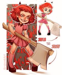  1girl 2018 2025 artist_name axe blush collared_dress commentary demon_horns dress high_heels highres holding holding_axe horns huge_weapon invisible_floor kneehighs kryjovnikart medium_hair missing_tooth original outline pink_dress pink_socks puffy_short_sleeves puffy_sleeves red_hair redrawn reference_inset ringed_eyes shadow short_sleeves smile socks solo standing weapon white_outline zettai_ryouiki 