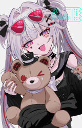  >_o 1girl bare_shoulders black_bow black_choker black_sweater blush bow butterfly-shaped_pupils ca_ru_cca choker facial_mark hair_between_eyes hair_bow hair_ornament hat heart heart_facial_mark highres holding holding_stuffed_toy honkai:_star_rail honkai_(series) jewelry long_hair long_sleeves looking_at_viewer multicolored_hair necklace off-shoulder_sweater off_shoulder one_eye_closed open_mouth pink_eyes red_nails red_streaks ring scarf smile solo sparkle_(honkai:_star_rail) sparxie_(candy-coated_waves)_(honkai:_star_rail) sparxie_(honkai:_star_rail) streaked_hair stuffed_animal stuffed_toy sweater symbol-shaped_pupils teddy_bear top_hat twintails waving white_hair white_scarf x_hair_ornament 