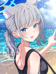 1girl absurdres animal_ear_fluff animal_ears beach black_one-piece_swimsuit blue_archive blue_eyes blue_halo blue_one-piece_swimsuit blush breasts commentary competition_swimsuit cross_hair_ornament earrings extra_ears grey_hair hair_ornament halo highres jewelry light_rays looking_at_viewer medium_breasts mikoshi_(user_wvyd4348) ocean official_alternate_costume one-piece_swimsuit open_mouth pointing ponytail shiroko_(blue_archive) shiroko_(swimsuit)_(blue_archive) solo stud_earrings sunlight swimsuit two-tone_one-piece_swimsuit wolf_ears wolf_girl 