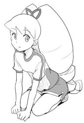  1girl bad_id bow drill_hair gym_uniform hair_bow heriyama long_hair lowres luna_platz_(mega_man) mega_man_(series) mega_man_star_force_(series) parted_lips shorts simple_background twin_drills very_long_hair white_background 