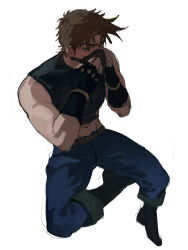  1boy absurdres arms_up bare_shoulders battle_tendency black_gloves black_shirt black_shoes blue_pants brown_eyes brown_hair crop_top daxawddc downcast_eyes fingerless_gloves gloves highres invisible_chair jojo_no_kimyou_na_bouken joseph_joestar joseph_joestar_(young) looking_at_viewer male_focus mask midriff navel nervous_sweating pants shirt shoes short_hair simple_background sitting sleeveless sleeveless_shirt solo sweat toned toned_male very_short_hair white_background 