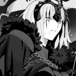  1girl absurdres blood blood_on_face cape chain echidna430 fate/grand_order fate_(series) flag fur-trimmed_cape fur_trim gloves greyscale headpiece highres holding holding_flag injury jeanne_d'arc_alter_(avenger)_(fate) jeanne_d'arc_alter_(fate) monochrome short_hair solo 