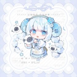  1girl animal apron argyle_border artist_name blue_border blue_dress blue_eyes blue_flower blue_hairband blue_horns blue_shoes blunt_bangs border braid bright_pupils bzzzzzr chibi commission commissioner_name country_lolita curled_horns dress eyelashes floral_print flower fringe_trim hair_flower hair_ornament hair_tie hairband happy highres holding holding_animal horns infinity_nikki light_blush lolita_fashion long_hair long_sleeves loose_hair_strand low_twin_braids nikki_(series) official_alternate_color open_mouth pastoral_dance_(infinity_nikki) print_apron puffy_long_sleeves puffy_sleeves sample_watermark shawl sheep sheep_girl sheep_horns shoes smile socks solo standing tareme too_many_watermarks twin_braids very_long_hair watermark white_apron white_background white_flower white_hair white_pupils white_shawl white_sleeves white_socks 