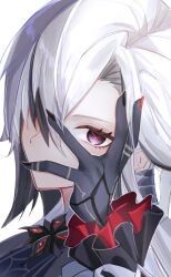  1girl arlecchino_(genshin_impact) black_eyes black_hands black_streaks coat colored_extremities commentary_request genshin_impact grey_coat hand_on_own_face highres long_hair long_sleeves looking_at_viewer multicolored_hair portrait red_pupils solo streaked_hair symbol-shaped_pupils two-tone_hair usa1544 white_hair x-shaped_pupils 