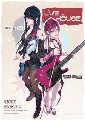  2girls absurdres bare_shoulders black_boots boots electric_guitar from_above full_body guitar highres holding holding_microphone_stand instrument looking_at_viewer looking_up microphone_stand miix777 multiple_girls pantyhose path_to_nowhere rahu_(path_to_nowhere) shalom_(path_to_nowhere) smile standing thigh-highs torn_clothes torn_pantyhose white_thighhighs 