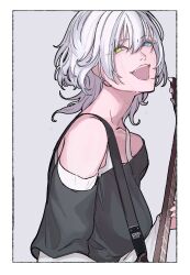  1girl bang_dream! bang_dream!_it's_mygo!!!!! black_shirt blue_eyes border breasts electric_guitar esp_guitars guitar guitar_strap hair_between_eyes heterochromia highres holding holding_guitar holding_instrument instrument kaname_raana medium_breasts medium_hair open_mouth pappi shirt solo teeth upper_body white_border white_hair white_shirt yellow_eyes 