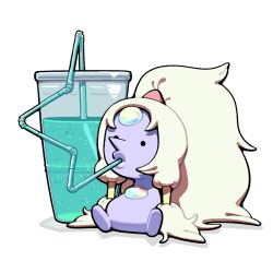  1girl colored_skin cup discount-supervillain drink drinking_straw forehead_jewel lips long_hair mini_person minigirl opal_(steven_universe) pointy_nose ponytail purple_skin sidelocks soda solo steven_universe 