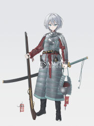  1girl absurdres alternate_costume aqua_eyes armor belt boots breastplate chinese_armor chinese_commentary chinese_text colored_eyelashes commentary_request dao english_text full_body grey_hair gun hair_between_eyes helmet highres holding holding_gun holding_sword holding_weapon looking_at_viewer military mixed-language_text rifle scabbard sheath sheathed short_hair shoulder_armor simple_background soldier solo sword tachi-e taozhi_taozhi vocaloid vsinger_(vocaloid) weapon white_background white_eyelashes yanhe 