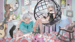  2girls absurdres black_dress black_halo black_ribbon blue_eyes choker commentary_request demon_horns dice dress flower guitar halo highres horns instrument kele_mimi loli multiple_girls painting_(object) rainbow ribbon slime_(creature) stuffed_animal stuffed_toy teddy_bear white_dress white_hair yellow_eyes 
