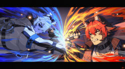  2boys absurdres animal_ear_fluff animal_ears black_gloves black_hair black_jacket black_sclera blue_eyes choker clenched_teeth colored_bangs colored_sclera commentary_request dog_boy dog_ears fighting fingerless_gloves fire from_side gloves hair_between_eyes highres jacket jewelry jfzm001 komano_manato komano_manato_(white_heart_silhouette) looking_at_another male_focus multicolored_hair multiple_boys multiple_scars muscular muscular_male necklace pectorals red_eyes red_hair scar scar_across_eye scar_on_chest scar_on_face shirt short_hair sparkle sparks spiked_jacket teeth two-tone_hair upper_body white_hair white_jacket white_shirt zenless_zone_zero 