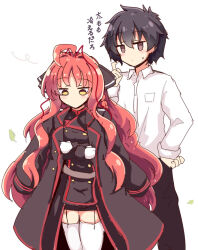  1boy 1girl ahoge black_coat black_hair black_jacket black_pants black_skirt blush brown_eyes closed_mouth coat coat_on_shoulders cold collared_shirt commentary_request cowboy_shot crossed_arms dracu-riot! dress_shirt feet_out_of_frame garter_straps gloves hair_intakes hakutocake hand_on_own_hip hand_up highres jacket jitome leaf long_hair looking_at_another looking_down mutsura_yuuto open_clothes open_coat pants pencil_skirt red_hair scratching_cheek shirt short_hair sidelocks simple_background sketch skirt spiky_hair standing sweatdrop thigh-highs translated very_long_hair wavy_hair white_background white_gloves white_shirt white_thighhighs wind yarai_miu yellow_eyes zettai_ryouiki 