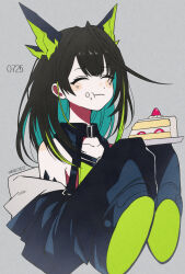  1girl ^_^ aqua_hair arknights bare_shoulders black_hair black_jacket blush cake cake_slice chewing closed_eyes closed_mouth colored_inner_hair commentary cropped_torso dated dated_commentary eating english_commentary food fruit green_hair grey_background highres holding holding_plate jacket kurloves long_hair material_growth mon3tr_(arknights) multicolored_hair off_shoulder oripathy_lesion_(arknights) plate simple_background sleeves_past_fingers sleeves_past_wrists smile solo strawberry twitter_username 