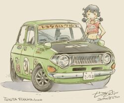  1girl black_eyes black_hair blue_jacket car clothes_around_waist commentary crop_top dated fang green_car grey_background hand_up jacket jacket_around_waist kogure_yuzuha low_twintails motor_vehicle navel open_mouth race_vehicle racecar red_tank_top sekihan short_hair short_twintails sideways_glance signature simple_background skin_fang smile solo strap_slip tank_top toyota toyota_publica twintails v-shaped_eyebrows vehicle_focus vehicle_name wristband zesshaka!_shiritsu_yotsuwa_joshi_gakuin_zetsumetsu_kigu-sha_gakka 