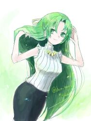  1girl adjusting_hair ama_satou arms_up artist_name bare_arms black_skirt breasts closed_mouth cowboy_shot green_eyes green_hair hair_flip hair_ribbon half-closed_eyes higurashi_no_naku_koro_ni large_breasts long_hair looking_at_viewer oekaki parted_bangs pencil_skirt ribbed_sweater ribbon simple_background skirt sleeveless sleeveless_sweater sleeveless_turtleneck smile solo sonozaki_shion standing sweater tegaki turtleneck turtleneck_sweater very_long_hair white_background white_sweater yellow_ribbon 