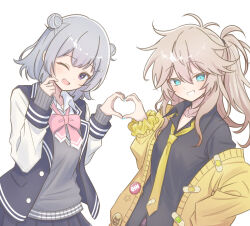  2girls :d ;d antenna_hair aqua_eyes aqua_nails badge bandaid black_shirt blonde_hair bow bowtie button_badge cardigan cevio commentary double_bun grey_hair grey_sweater grin hair_between_eyes hair_bun hair_ornament hairclip hand_on_own_face heart heart_hands heart_hands_duo highres jacket jewelry kasukabe_tsumugi koharu_rikka lapels long_hair looking_at_viewer loose_necktie magatama magatama_necklace messy_hair multicolored_jacket multiple_girls nail_polish necklace necktie off-shoulder_cardigan one_eye_closed one_side_up open_collar open_mouth pink_bow pink_bowtie pleated_skirt school_uniform scrunchie shiro_noe shirt short_hair skirt smile sweater two-tone_jacket variant_set violet_eyes voicevox white_shirt yellow_cardigan yellow_necktie yellow_scrunchie 