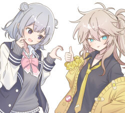  2girls antenna_hair aqua_eyes badge bandaid black_shirt blonde_hair bow bowtie button_badge cardigan cevio commentary cropped double_bun grey_hair grey_sweater hair_between_eyes hair_bun hair_ornament hairclip hand_on_own_face heart_hands_failure highres jacket jewelry kasukabe_tsumugi koharu_rikka lapels long_hair looking_at_viewer loose_necktie magatama magatama_necklace messy_hair multicolored_jacket multiple_girls necklace necktie off-shoulder_cardigan one_side_up open_collar open_mouth pink_bow pink_bowtie pleated_skirt resized school_uniform scrunchie shiro_noe shirt short_hair simple_background skirt sweatdrop sweater thumbs_up tongue tongue_out two-tone_jacket untranslatable_commentary upscaled variant_set violet_eyes voicevox white_background white_shirt yellow_cardigan yellow_necktie yellow_scrunchie 