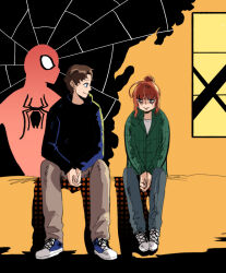  1boy 1girl bags_under_eyes black_hoodie blue_eyes brown_hair different_shadow green_shirt hood hoodie jean_grey marvel peter_parker red_hair shirt shoes silk sitting smile sneakers spider-man spider-man:_brand_new_day spider-man_(series) spider_web spoilers wanderjegson x-men 