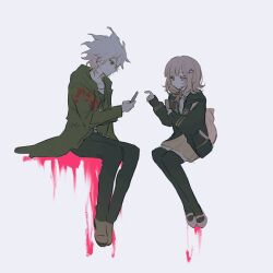  1boy 1girl black_thighhighs blood colored_blood danganronpa_(series) danganronpa_2:_goodbye_despair full_body highres inagoinaire invisible_chair komaeda_nagito looking_at_another mary_janes miniskirt nanami_chiaki pink_blood playing_card_game playing_games pointing shoes simple_background sitting skirt thigh-highs white_background 