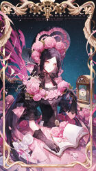 1girl absurdres aegyo_sal artist_name black_bow black_choker black_gloves black_hair bonnet book bow chinese_commentary chinstrap choker clock closed_mouth colored_inner_hair commentary_request commission dress dress_flower eyelashes eyeshadow falling_petals floral_print flower frilled_dress frills gem gloves hand_on_book highres holding holding_flower holding_pen lace lace_choker lace_gloves lace_trim large_bow leaf lips long_hair looking_afar makeup multicolored_hair off-shoulder_dress off_shoulder open_book original pearl pen petals picture_frame pink_bow pink_eyeshadow pink_flower pink_petals pink_ribbon pink_rose pink_skirt puffy_short_sleeves puffy_sleeves ribbon rose shachang short_sleeves sidelocks sitting skirt solo table watermark white_flower white_rose yellow_eyes 
