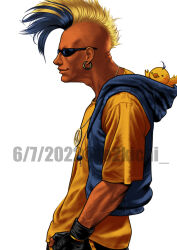  1boy 2022 bird black_gloves blonde_hair blue_hair blue_vest commentary dark-skinned_male dark_skin dated duck duck_king earrings fatal_fury gloves hood hooded_vest hoodie hoop_earrings jewelry male_focus multicolored_hair necklace p-chan_(fatal_fury) peace_symbol profile shirt smile sunglasses te2kichi two-tone_hair veins veiny_arms vest yellow_shirt 
