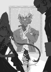  1girl 2boys bare_shoulders bow_(weapon) braid coat commentary detached_sleeves dress family glotta_stomach gloves greyscale hair_extensions hand_on_own_chin hand_on_own_shoulder highres holding holding_bow_(weapon) holding_weapon kamen_rider kamen_rider_gavv_(series) kokokoto_re lango_stomach looking_at_another monochrome multiple_boys nyelv_stomach open_clothes open_coat portrait_(object) ring_hair_extensions siblings twin_braids weapon wide_sleeves zonb_stomach 