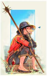  1girl armor artist_name belt_pouch black_pants black_shoes blue_butterfly blue_sky bored bug butterfly chainmail coif commentary dirty dirty_face english_commentary ff69_(ff69x) gambeson grass head_on_hands helmet highres kettle_helm mace medieval original over_shoulder pants pants_rolled_up patch polearm potion pouch roman_numeral scar scar_on_hand scar_on_leg shoes sitting sitting_on_stairs sky spiked_mace spikes stairs strap weapon weapon_over_shoulder white_background 